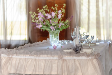 Wine glasses on a table in a restaurant