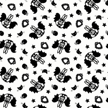 Seamless vector day of the dead folk art pattern with hand drawn bat bunny, shugar scull, cat head and star. Funny and happy design for your perfect party.