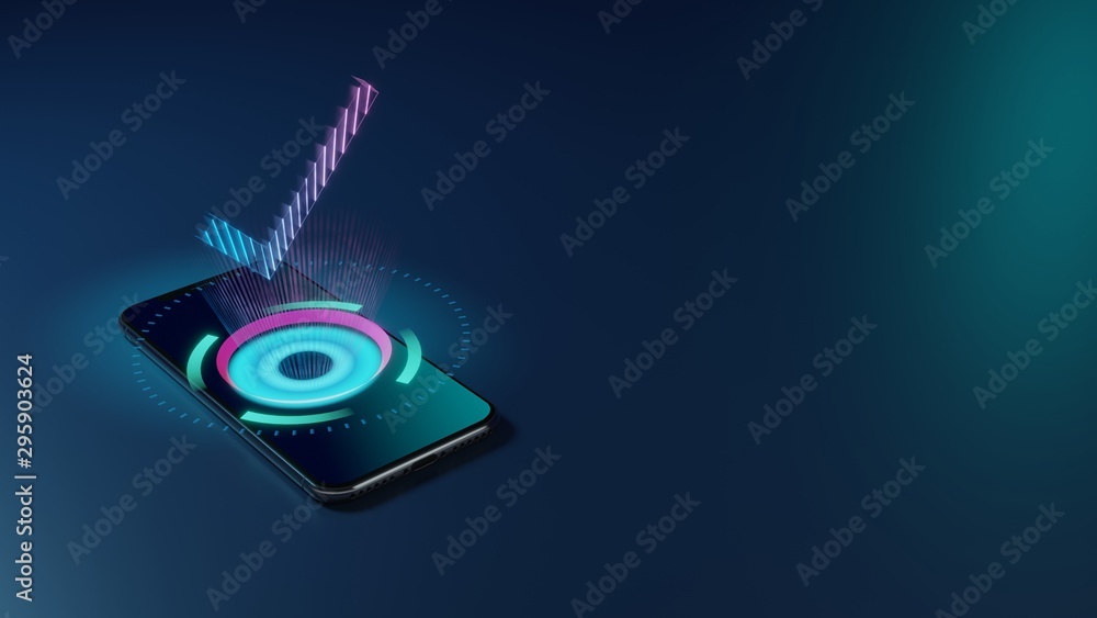 Poster 3d rendering neon holographic phone symbol of verification mark icon on dark background