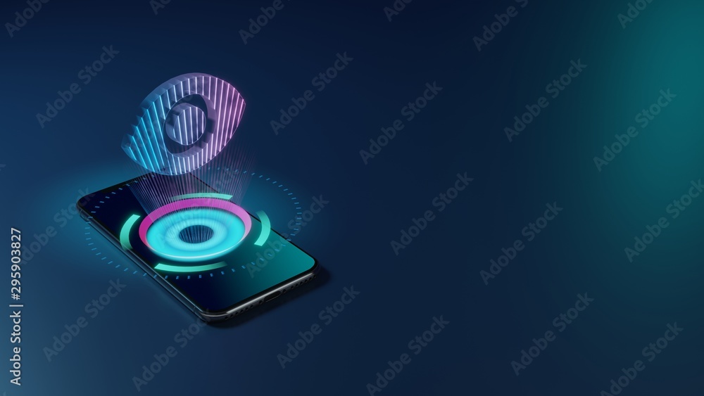 Poster 3d rendering neon holographic phone symbol of visibility button icon on dark background