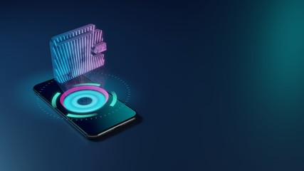 3D rendering neon holographic phone symbol of wallet  icon on dark background