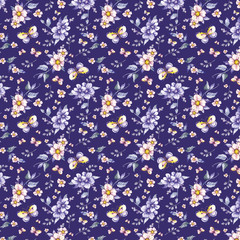 pattern with small flowers, leaves, butterflies, dark