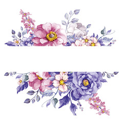 strip of pink flowers, butterflies, purple flower, leaves