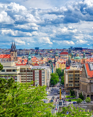 Fototapeta na wymiar A view of Prague, Czech Republic and the Vltava River from Letna Gardens on a sunny day.