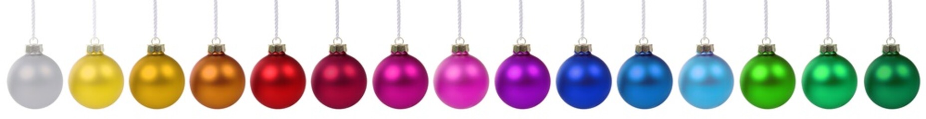 Christmas balls baubles banner color decoration in a row isolated on white