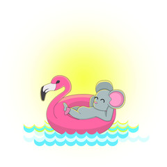 Vector image of a mouse in an inflatable circle in the form of a pink Flamingo on the water. Symbol of 2020. Series of illustrations. Calendar item