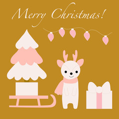 Christmas raindeer, christmas tree, vector illustration