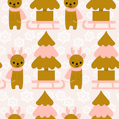 Cute golden raindeer, christmas tree and snowflakes in a seamless pattern design
