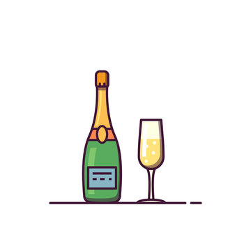 Champagne bottle and wine glass line style illustration. Luxury bottle of sparkling wine. Bubble alcohol. Line style champagne. New year and celebrate vector concept.