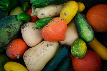 une citrouille orange sur un tas d'autres légumes de saison automnale 