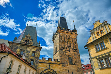 A view of Old Town Prague and the Charles Bridge across the Vltava River in Prague, Czech Republic.