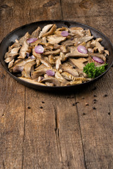 Delicious fried mushrooms in pan on table