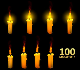 very high resolution yellow wax candles isolated on black background, with lens flare and without it - 3D illustration of object