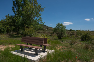 Obraz premium Closeup view of a wood bench isolated on the nature during a summer day with a big blue sky - Image