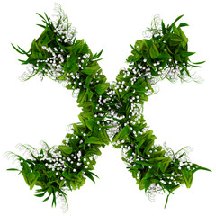 Letter X made of flowers and grass isolated on white. 3d illustration