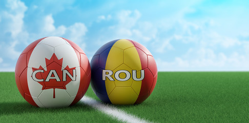 Romania vs. Canada Soccer Match - Soccer balls in Canada and Romania national colors on a soccer field. Copy space on the right side - 3D Rendering