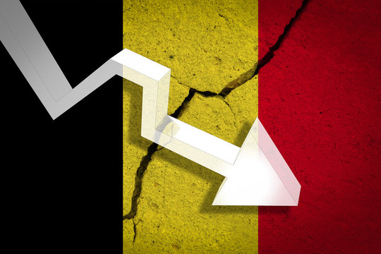 Belgium Flag on the cracked wall with arrow falling down. Concept of decrease in the country.