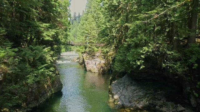 Beautiful nature drone shot flying between the cliffs and trees above the Capilano River in Vancouver,  revealing a footbridge - British Columbia