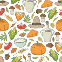 Vector hand drawn Thanksgiving seamless pattern. White background with different objects symbolizing the holiday
