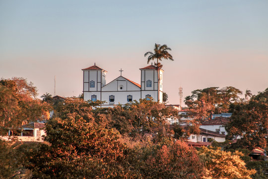 Pirenopolis, Goias, Brazil, October 18, 2019: The landscape at the end of the day and the towers of Nossa Senhora do Rosário Church in the historic center of Pirenopolis