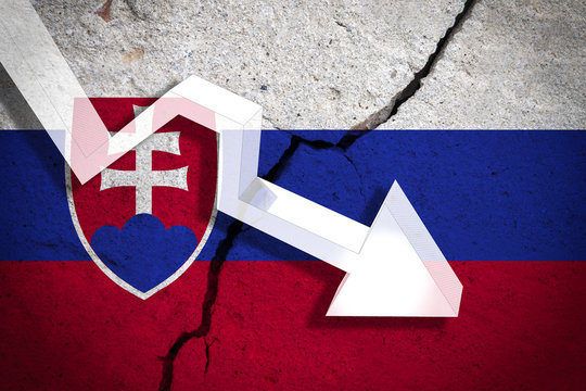 Slovakia Flag on the cracked wall with arrow falling down. Concept of decrease in the country.