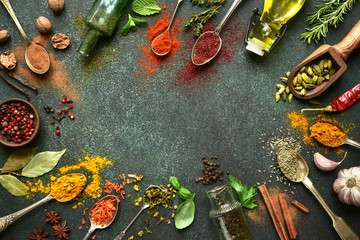 Variety of natural organic spices on a spoons on a dark green slate, stone or concrete background....