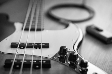 closeup of a bass guitar