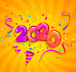 Obraz premium Party in new 2020 year with cracker confetti,serpentine sparkles for holiday congratulations,celebration,greetings,invitations for evening parties.Fun exploding template on sunburst background.
