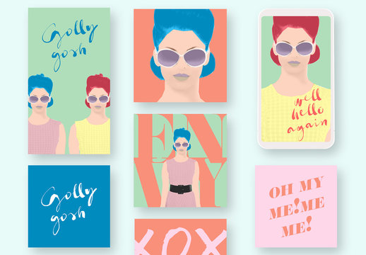 Bright Social Media Post Set with Illustration Elements