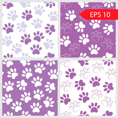 Set of violet vector backgrounds with paw print. purple cute patterns and textures can be used for printing onto fabric, web page background and paper