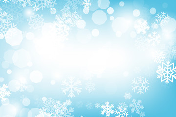 Naklejka na ściany i meble Winter glowing background. Vector holiday banner with lights, bokeh and snowflakes. Seasonal soft backdrop.