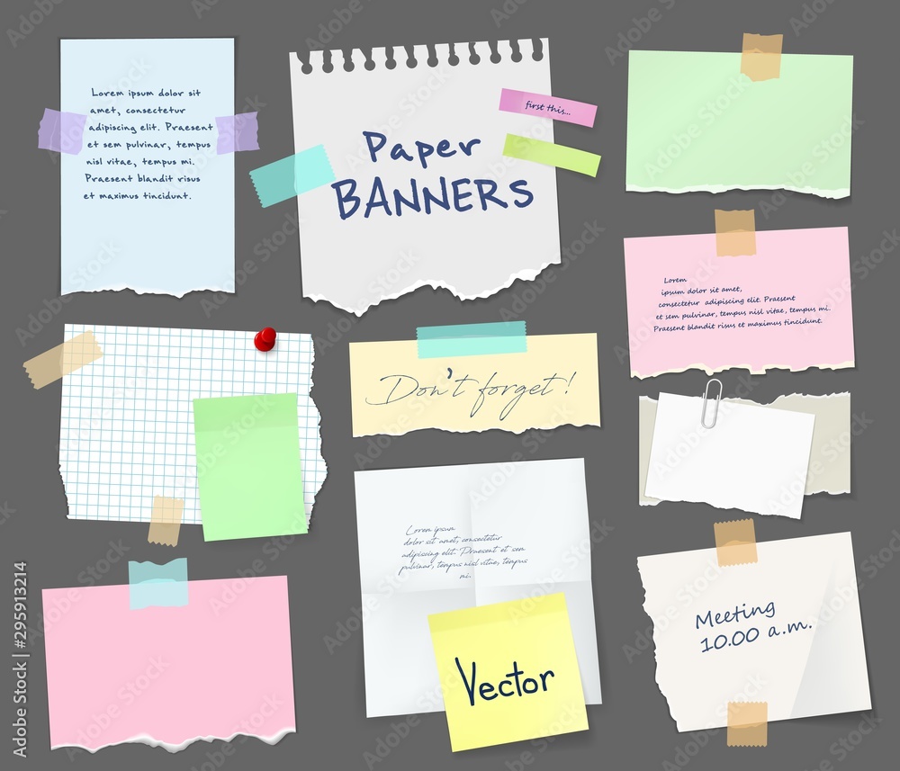 Poster paper sheets, notebook pages, notes and messages