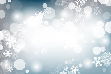Winter glowing background. Vector holiday banner with lights, bokeh and snowflakes. Seasonal soft backdrop.