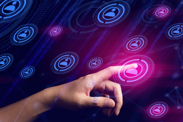 businessman hand finger touch on screen for connecting to social network internet digital with data safety security cloud storage ai
