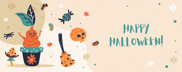 Fototapeta premium Halloween Banner with mandrake, sweets, broom, mushroom, flowers and skull. Website banner template.Vector illustration.