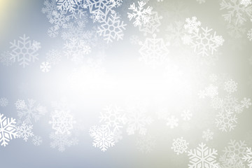 Winter glowing background. Vector holiday banner with lights, bokeh and snowflakes. Seasonal soft backdrop.