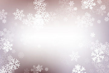 Winter glowing background. Vector holiday banner with lights, bokeh and snowflakes. Seasonal soft backdrop.