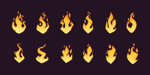 Set of different cartoon fire flames, isolated on dark background. Vector illustration.