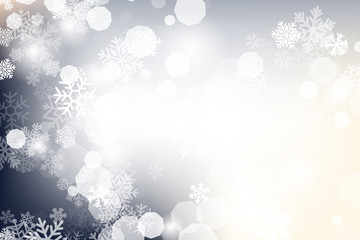 Winter glowing background. Vector holiday banner with lights, bokeh and snowflakes. Seasonal soft backdrop.