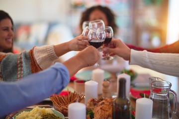 Beautiful family smiling happy and confident. Eating roasted turkey and toasting with cup of wine celebrating Thanksgiving Day at home
