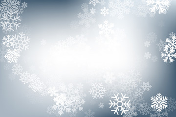 Winter glowing background. Vector holiday banner with lights, bokeh and snowflakes. Seasonal soft backdrop.