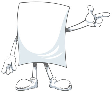 Vector illustration character of blank paper sheet, with finger and pointing at blank space isolated on white background
