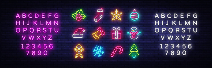 Christmas neon icons set. Happy Christmas collection light signs. Sign boards, light banner. Xmas Neon isolated icons, emblem, design template. Vector Illustration. Editing text neon sign © Ivan
