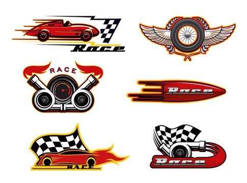 Racing cars, speedometer and flag. Motor sport