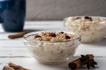 Delicious peruvian dessert arroz con leche, rice with milk, cinnamon and rises