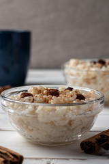 Peruvian rice with milk dessert with cinnamon, Traditional sweet food.  Arroz con leche.