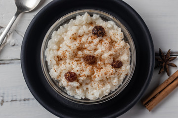 Peruvian rice with milk dessert with cinnamon, Traditional sweet food.  Arroz con leche.