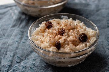 Peruvian rice with milk dessert with cinnamon, Traditional sweet food.  Arroz con leche.