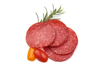 Salami sliced. Raw smoked sausage slices with herbs and spices, isolated on white background