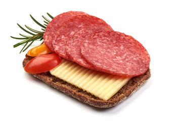 Raw smoked sausage sandwich with herbs and spices, isolated on white background